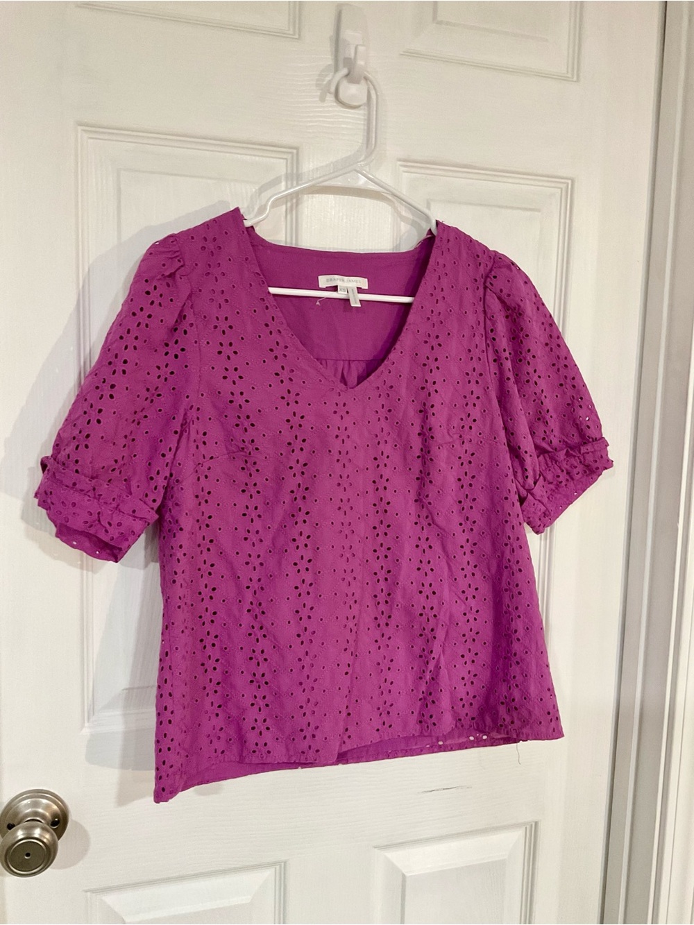 Draper James Magenta Eyelet V-Neck Puff Sleeve Blouse